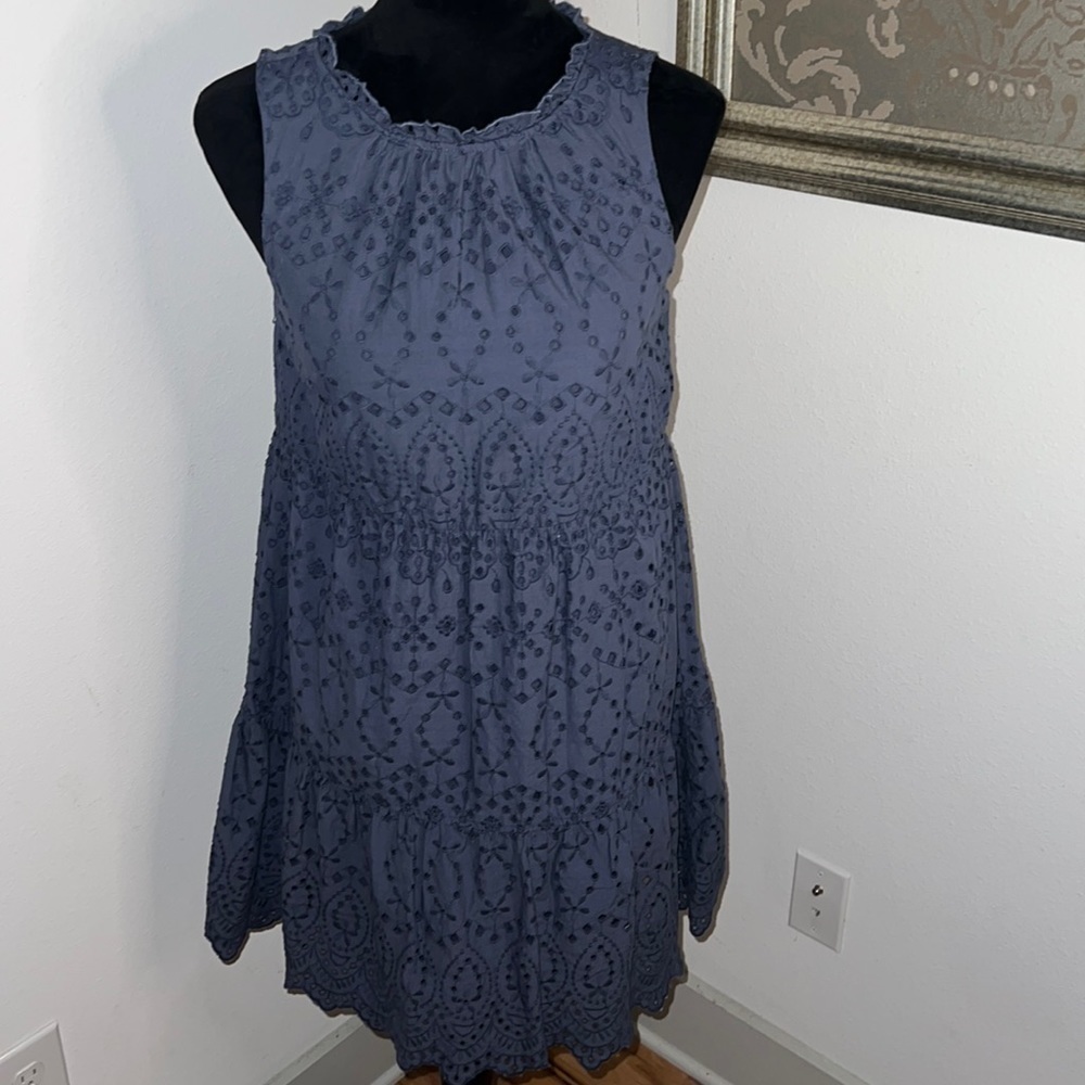 LOFT 100% Cotton blue eyelet sleeveless‎ layered dress Sz XXS